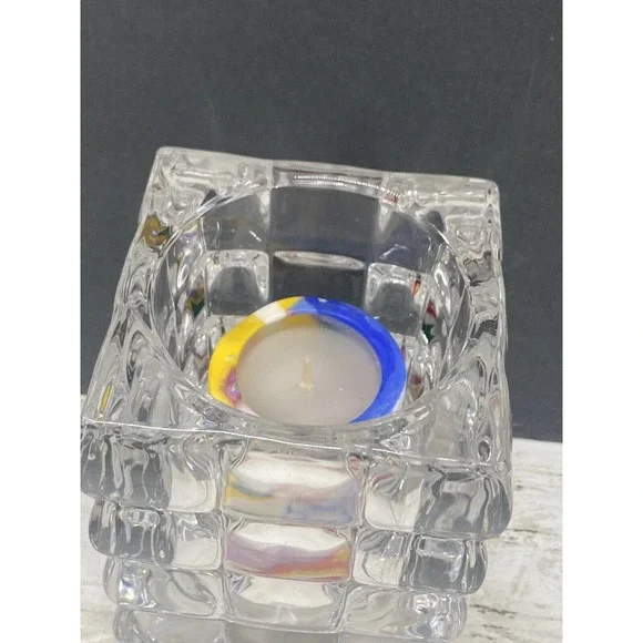 Square Cut Bubble Glass Votive Crystal Candle Holder With Colorful Swirl Candle - Picture 6 of 11
